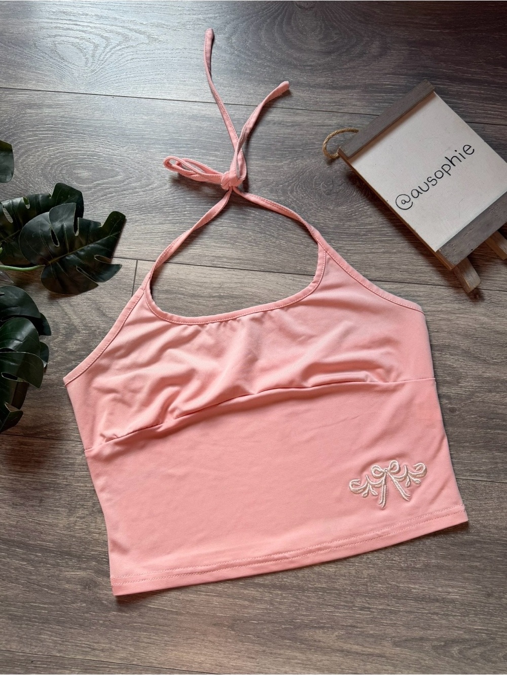 SHEIN Pretty Pink Halter Top w Romantic Bow
Embroidery. Size M